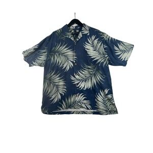 Tommy Bahama Hawaiian Shirt Men Large Blue Leaf Print Silk Camp Collar Button Up
